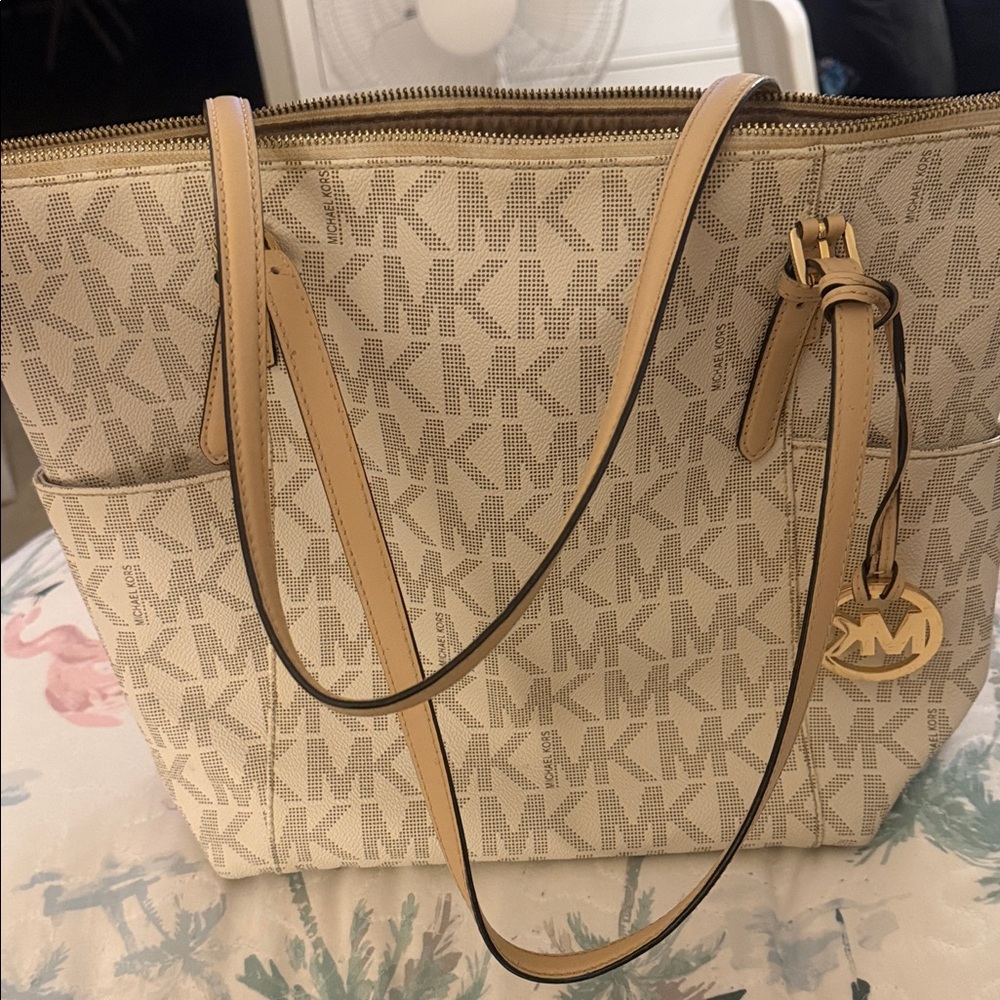 Michael Kors Beige Canvas Logo Tote with Tan Leather Trim